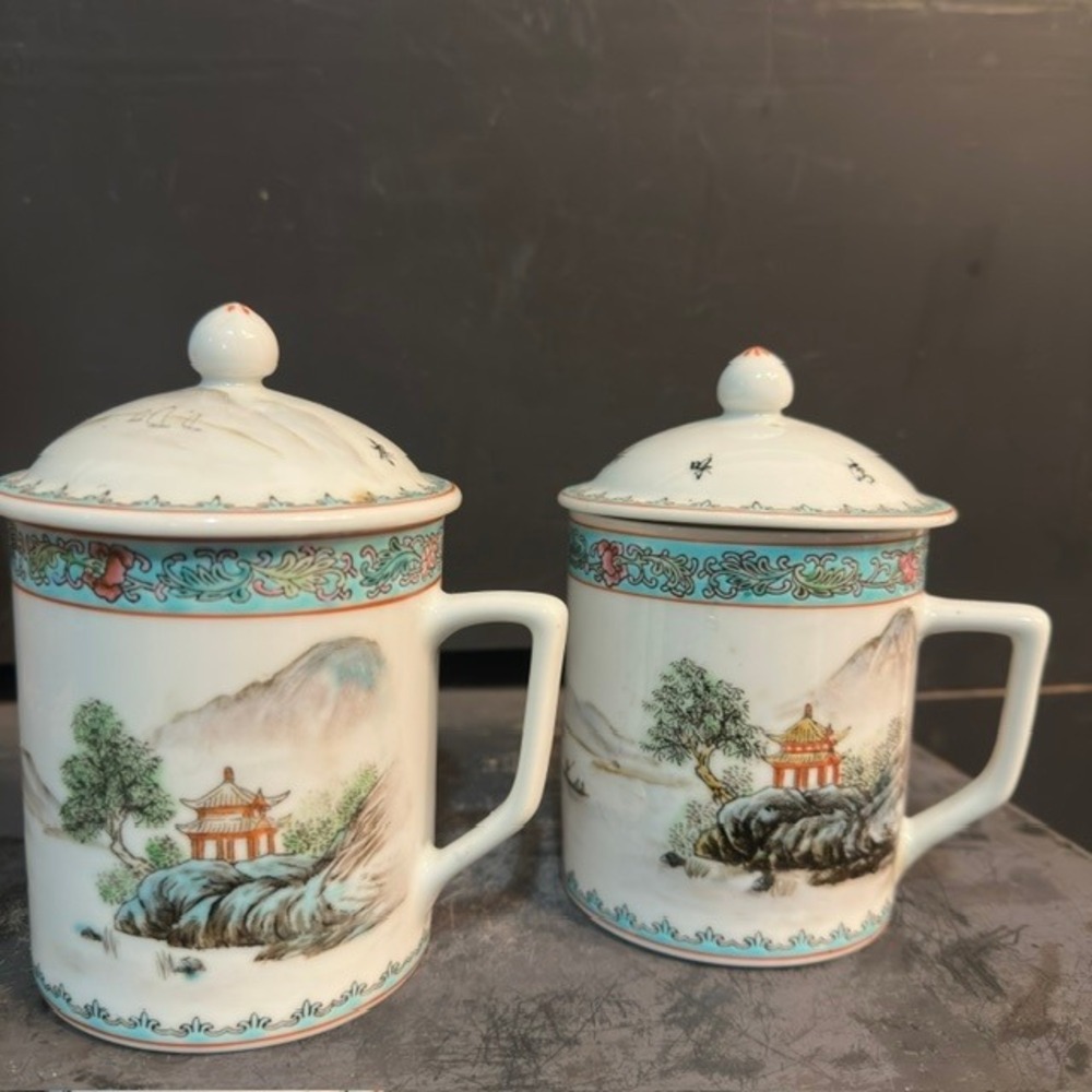 Vintage Jingdezhen Porcelain Lidded Tea Mugs Pagoda Landscape Set of 2 - 5in